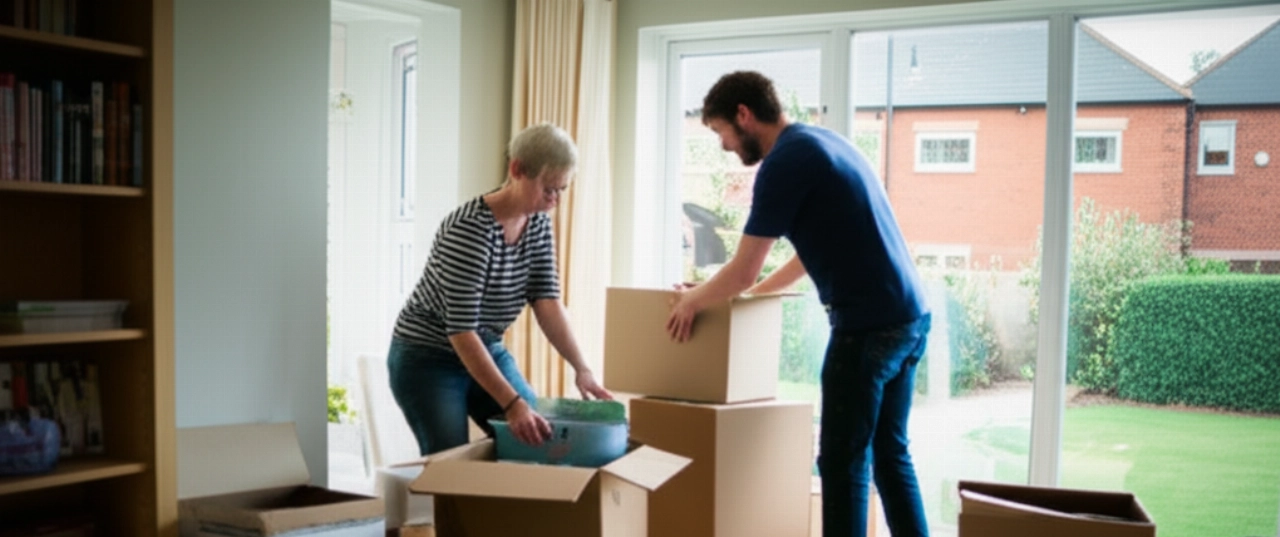 Pareja caucásica empacando cajas en una luminosa sala de estar de una casa británica, con la luz del sol entrando por las ventanas.