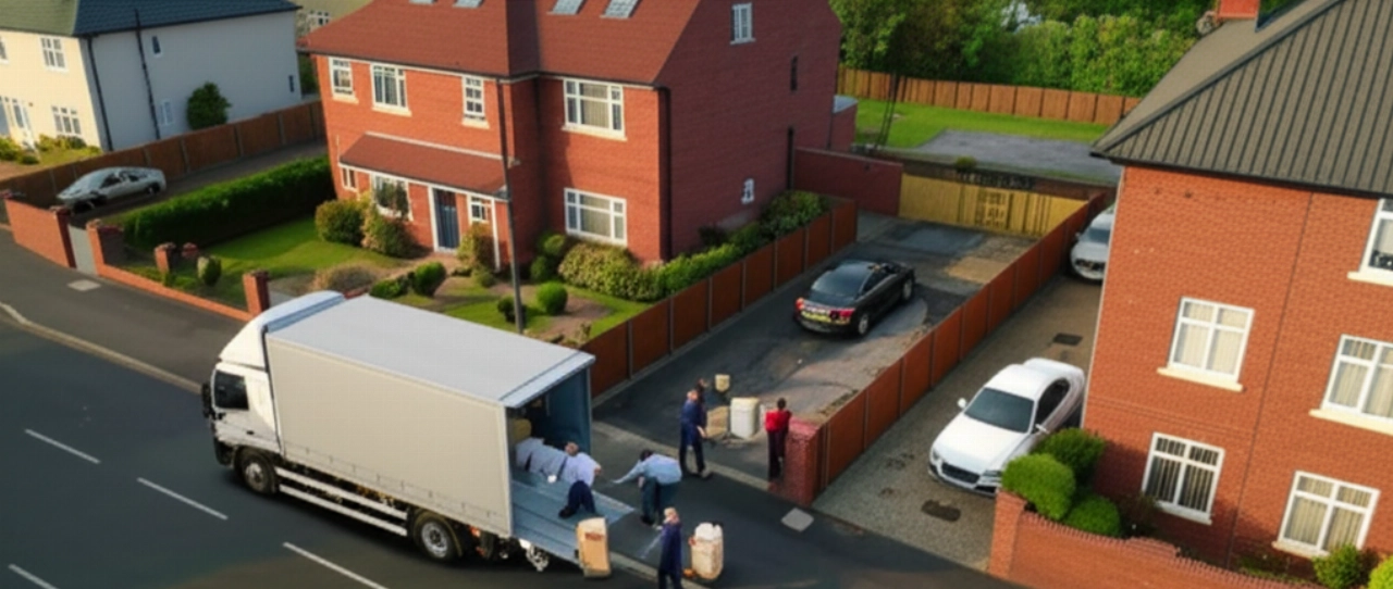 Vista aérea de una calle residencial británica con un camión de mudanzas estacionado y personas caucásicas descargando cajas.