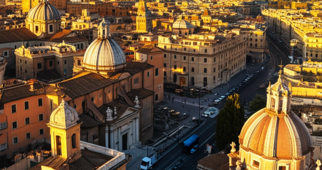 Vista aerea iperrealistica di Roma al tramonto, con un camion dei traslochi senza loghi visibile su una strada.