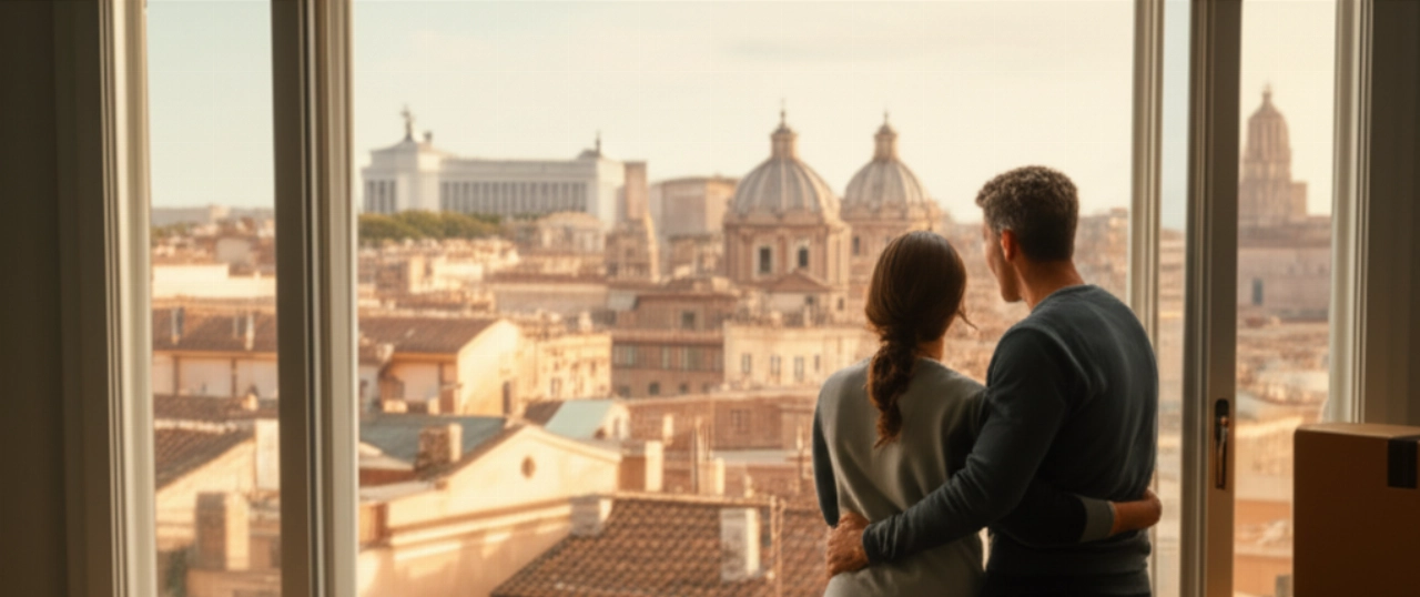 Coppia caucasica felice nella loro nuova casa a Roma, che ammira la vista panoramica della città dal finestrino.