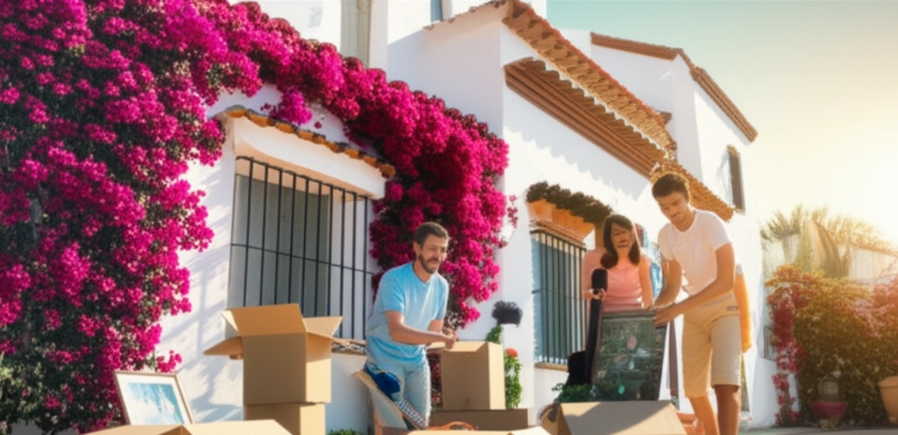 Eine kaukasische Familie packt Kartons vor einer spanischen Villa aus und symbolisiert einen Neuanfang.