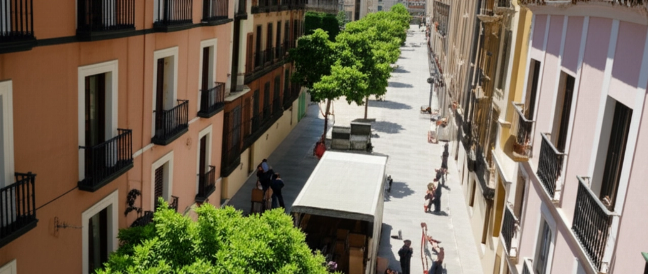 Luftaufnahme eines Umzugswagens und kaukasischer Umzugshelfer, die effizient in einer spanischen Stadtstraße arbeiten.