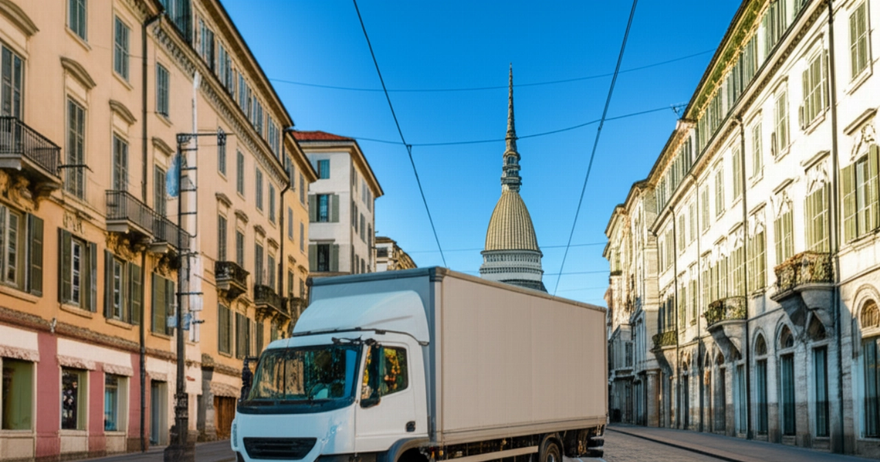 Hyperrealistic image of a modern moving truck parked on a charming Turin street, with iconic city architecture in the background.