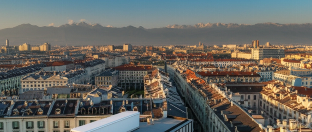 Hyperrealistic aerial view of a moving truck at a residential building in Turin, with the city skyline and Alps in the background.