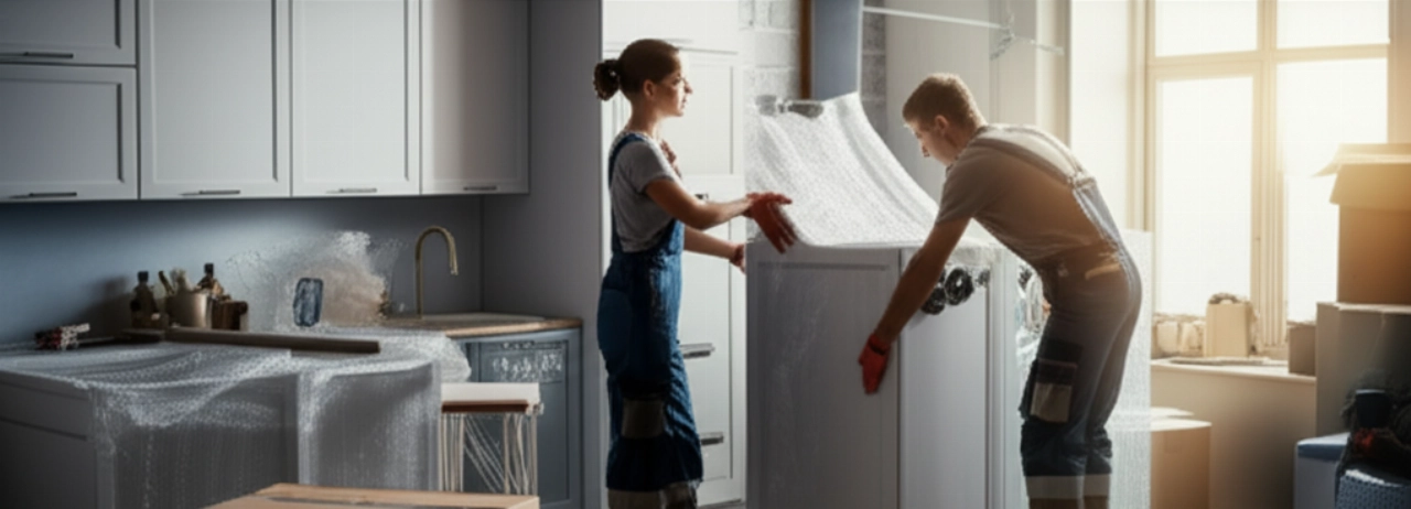 Déménagement de cuisine : deux déménageurs professionnels caucasiens démontent et emballent méticuleusement une cuisine moderne, avec la lumière du soleil éclairant la scène.
