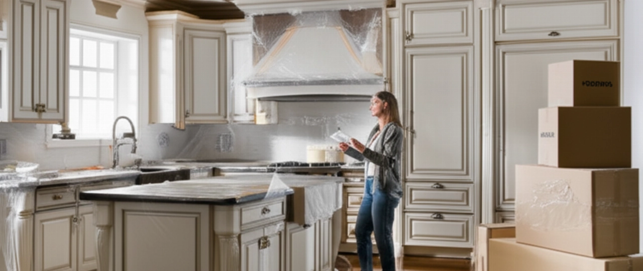 Cuisine haut de gamme presque entièrement emballée pour le déménagement, avec des cartons étiquetés et une propriétaire caucasienne observant la scène en plongée.