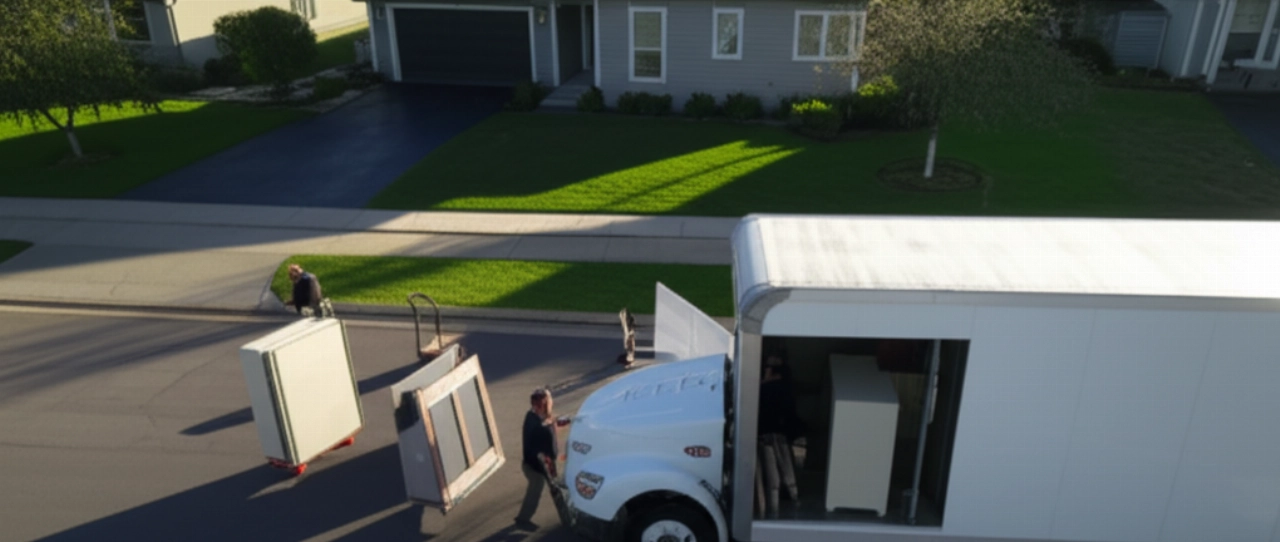 Vue aérienne d'un camion de déménagement garé devant une maison, avec des déménageurs caucasiens transportant un îlot de cuisine emballé.