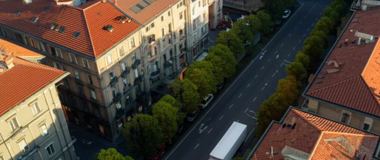 Vista aerea iperrealistica di un camion di traslochi in una strada di Milano, con l'architettura cittadina.