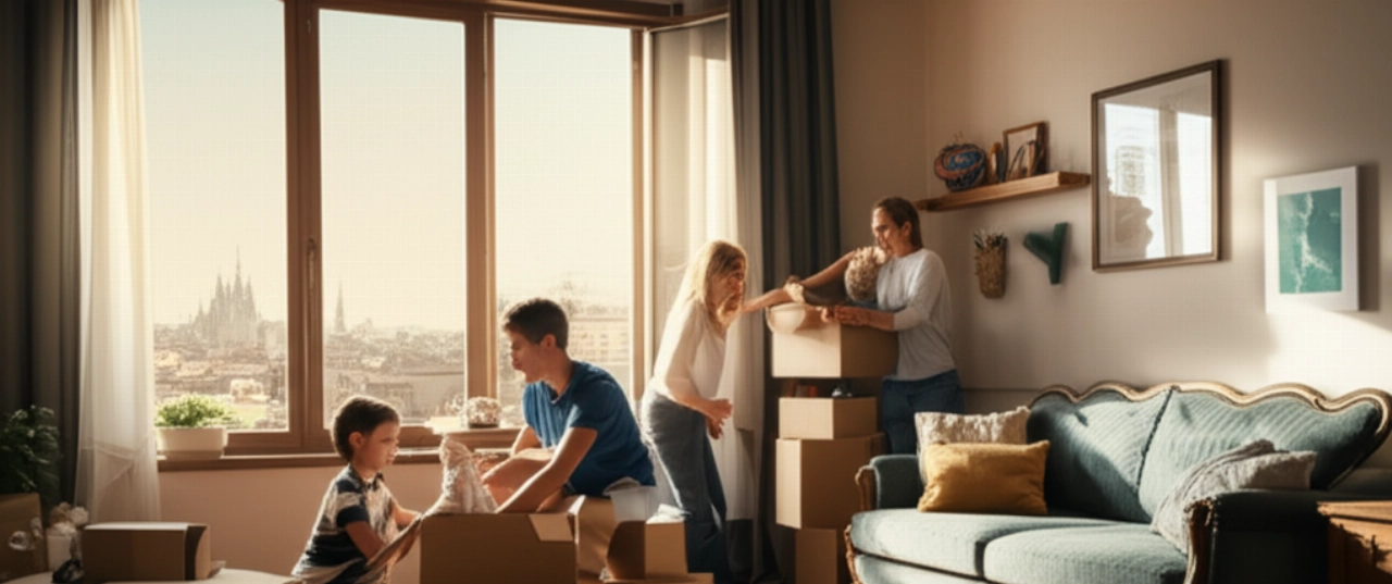 Famiglia caucasica che si sistema nella nuova casa a Milano, con vista sullo skyline.