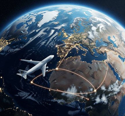 Mapa mundi con un avión que indica una ruta internacional