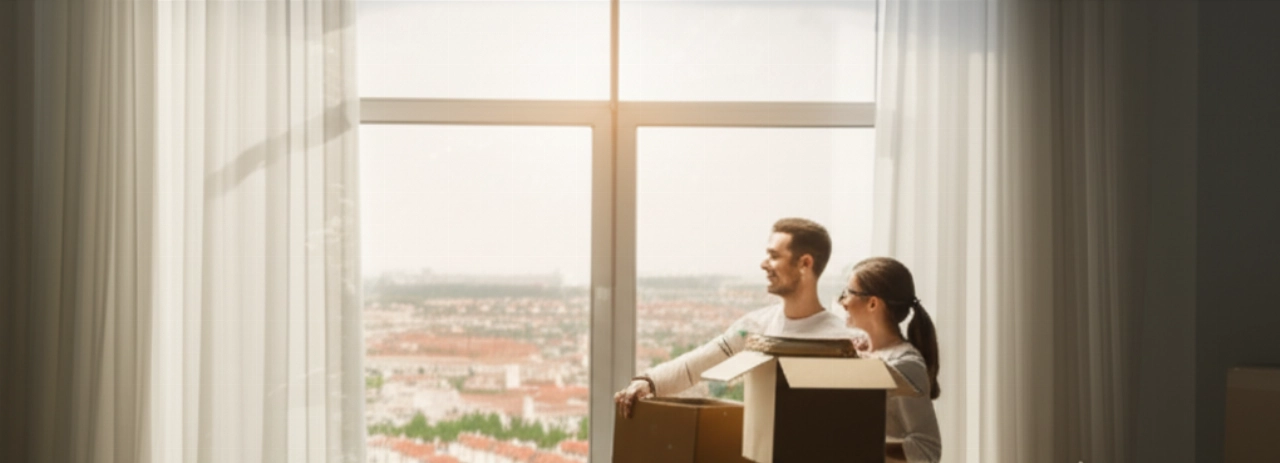 A smiling Caucasian couple in a bright new living room, looking out the window after a national relocation.