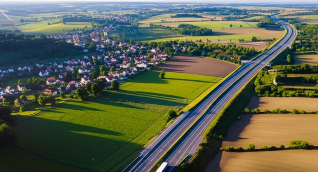 Hyperrealistic aerial view of a moving truck on a highway through countryside towards a town, illustrating national relocation.