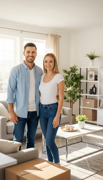 Una pareja sonriente en su nuevo hogar después de una mudanza organizada